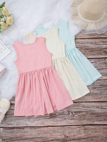 Young Girls' Summer Casual Pink Sleeveless Round Neck Dress