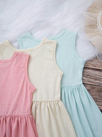 Young Girls' Summer Casual Pink Sleeveless Round Neck Dress