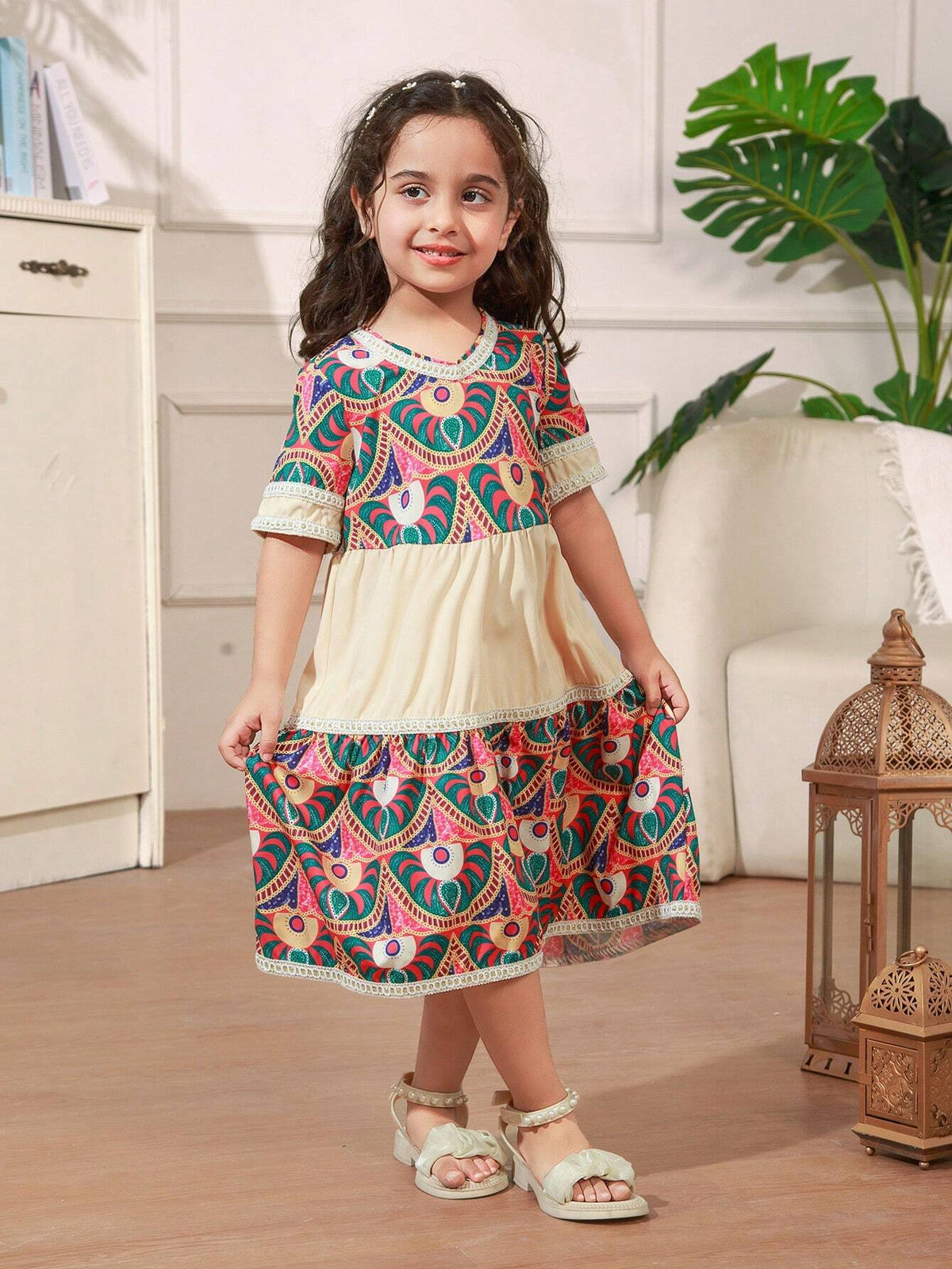 Young Girls' Summer Casual Round Neck Full Print Short Sleeve Holiday Dress