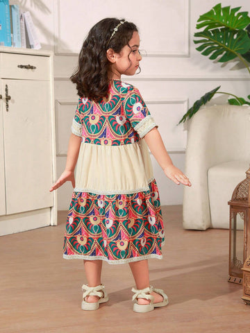 Young Girls' Summer Casual Round Neck Full Print Short Sleeve Holiday Dress