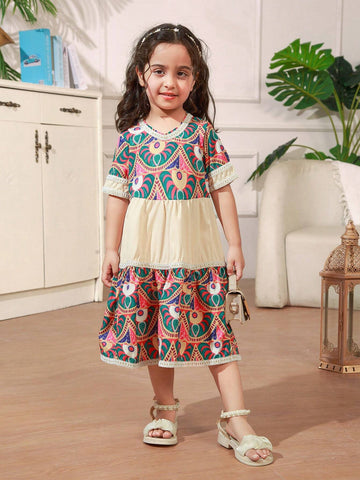 Young Girls' Summer Casual Round Neck Full Print Short Sleeve Holiday Dress