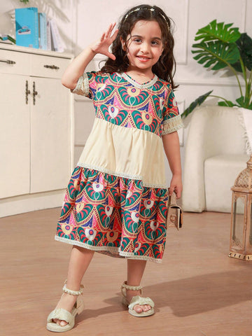 Young Girls' Summer Casual Round Neck Full Print Short Sleeve Holiday Dress