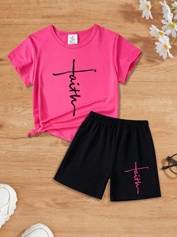 Young Girl's Summer Casual Short Sleeve T-Shirt And Shorts Set