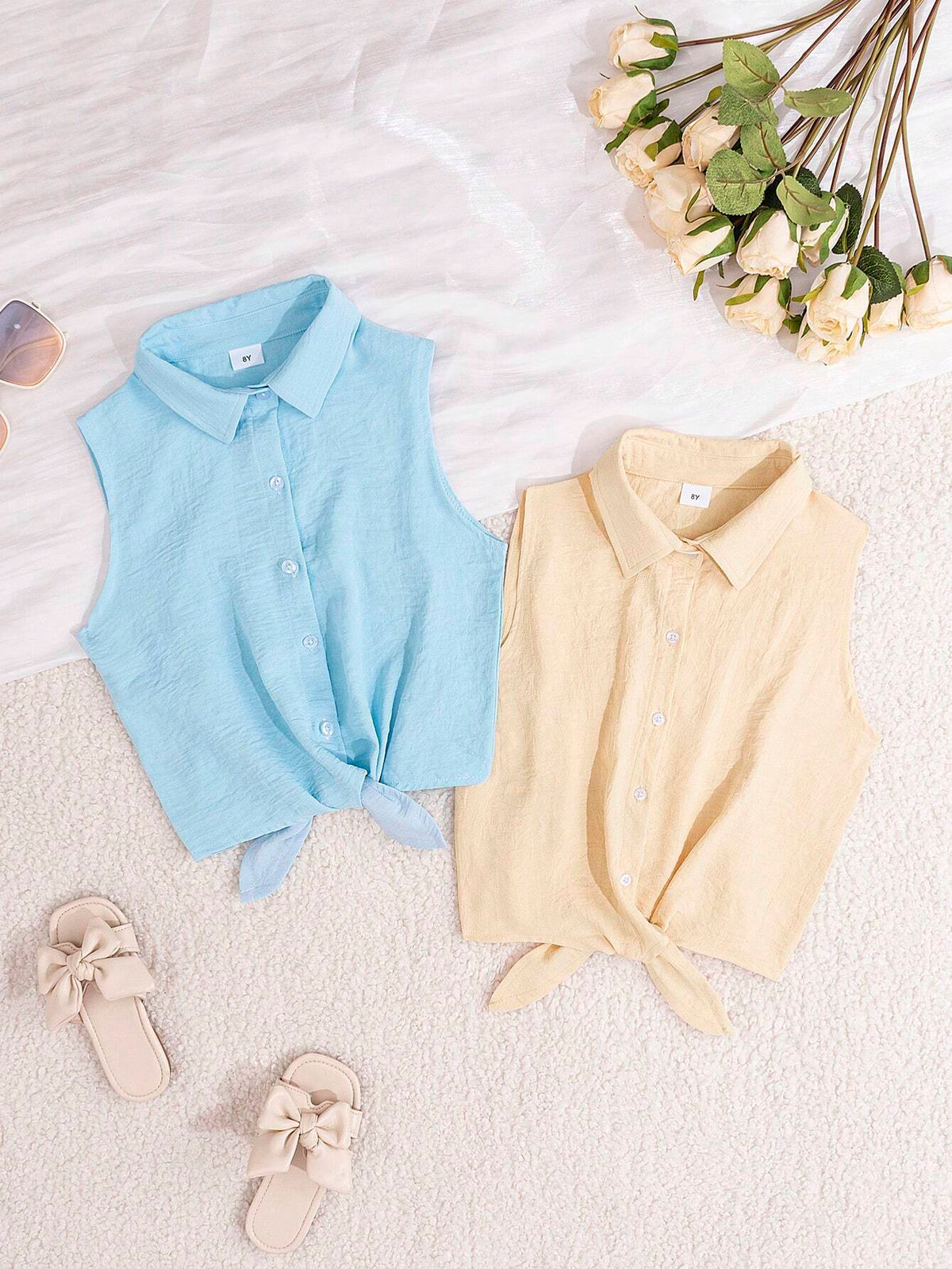 Young Girls' Summer Casual Simple Fashion Solid Color Turn-Down Collar Two-Piece Sleeveless Blouse With Tied Straps