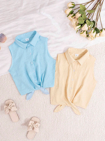 Young Girls' Summer Casual Simple Fashion Solid Color Turn-Down Collar Two-Piece Sleeveless Blouse With Tied Straps