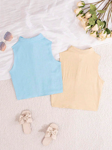 Young Girls' Summer Casual Simple Fashion Solid Color Turn-Down Collar Two-Piece Sleeveless Blouse With Tied Straps