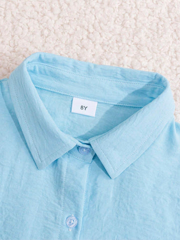 Young Girls' Summer Casual Simple Fashion Solid Color Turn-Down Collar Two-Piece Sleeveless Blouse With Tied Straps