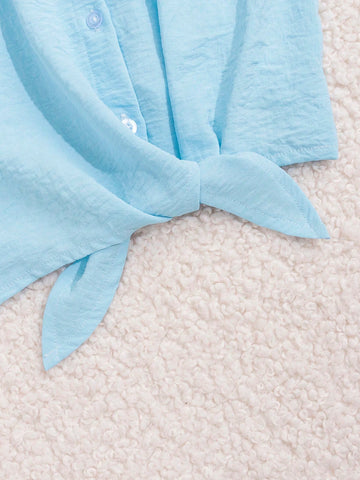 Young Girls' Summer Casual Simple Fashion Solid Color Turn-Down Collar Two-Piece Sleeveless Blouse With Tied Straps