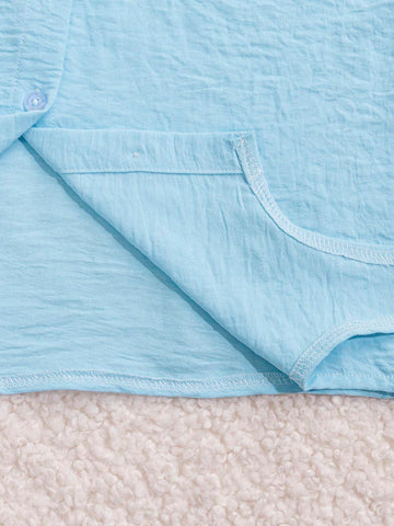 Young Girls' Summer Casual Simple Fashion Solid Color Turn-Down Collar Two-Piece Sleeveless Blouse With Tied Straps