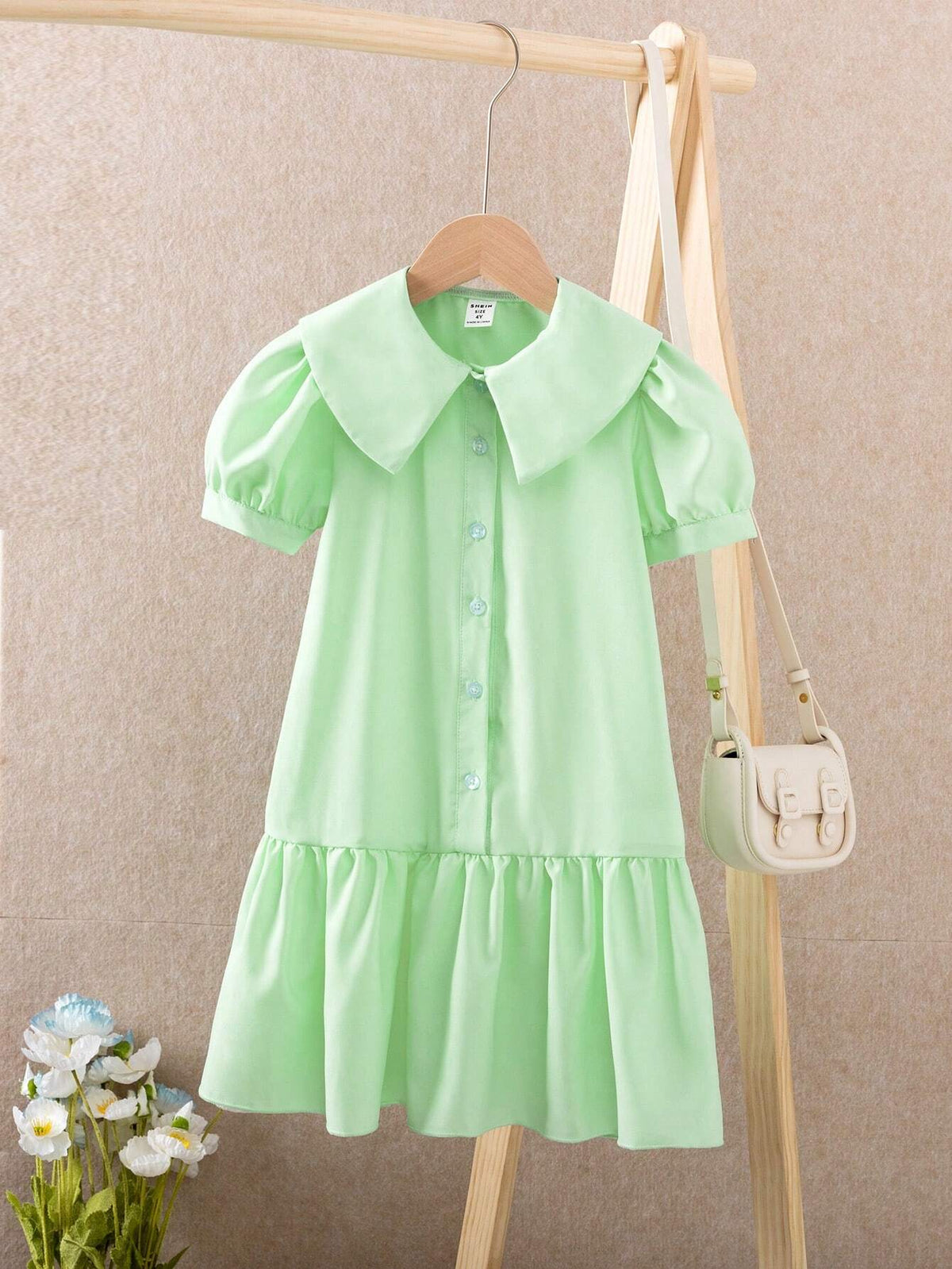 Young Girls Summer Casual Solid Color Tiered Ruffle Sleeve Buttoned Shirt Dress