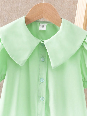 Young Girls Summer Casual Solid Color Tiered Ruffle Sleeve Buttoned Shirt Dress