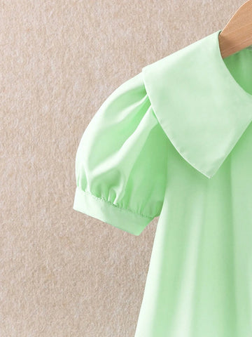 Young Girls Summer Casual Solid Color Tiered Ruffle Sleeve Buttoned Shirt Dress