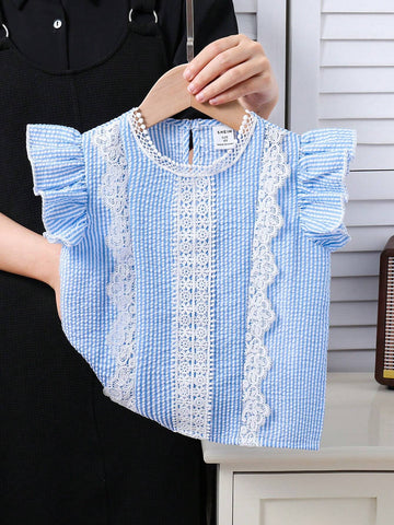 Young Girl's Summer Casual Striped Contrast Lace Ruffle Hem Blouse