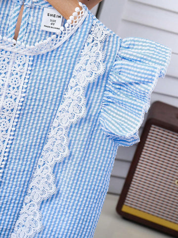 Young Girl's Summer Casual Striped Contrast Lace Ruffle Hem Blouse