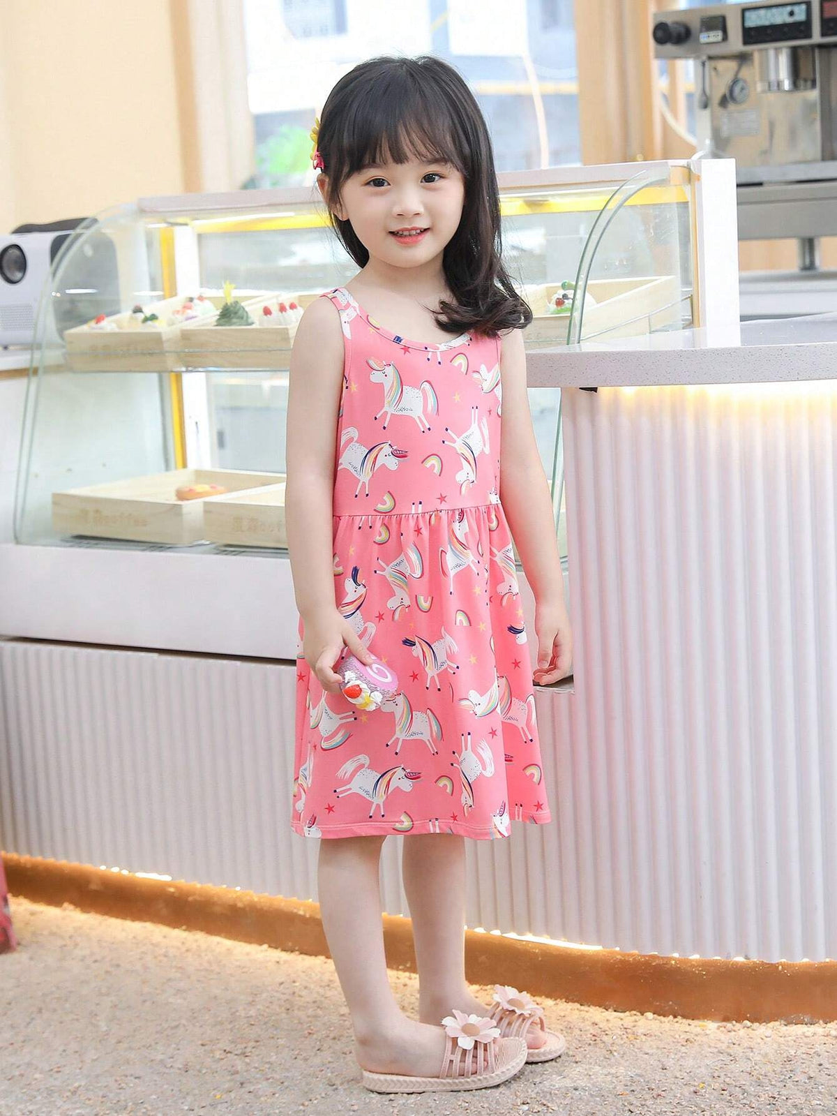 Young Girl's Summer Casual Unicorn Printed Sleeveless Round Neck Dress