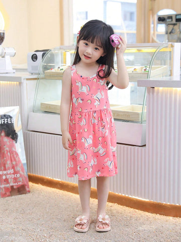 Young Girl's Summer Casual Unicorn Printed Sleeveless Round Neck Dress
