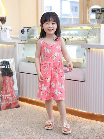 Young Girl's Summer Casual Unicorn Printed Sleeveless Round Neck Dress