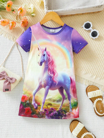 Young Girls" Summer Casual Unicorn Rainbow Printed Short Sleeve Dress