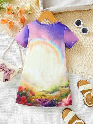 Young Girls" Summer Casual Unicorn Rainbow Printed Short Sleeve Dress