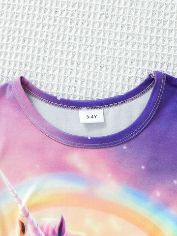 Young Girls" Summer Casual Unicorn Rainbow Printed Short Sleeve Dress