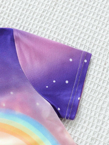 Young Girls" Summer Casual Unicorn Rainbow Printed Short Sleeve Dress