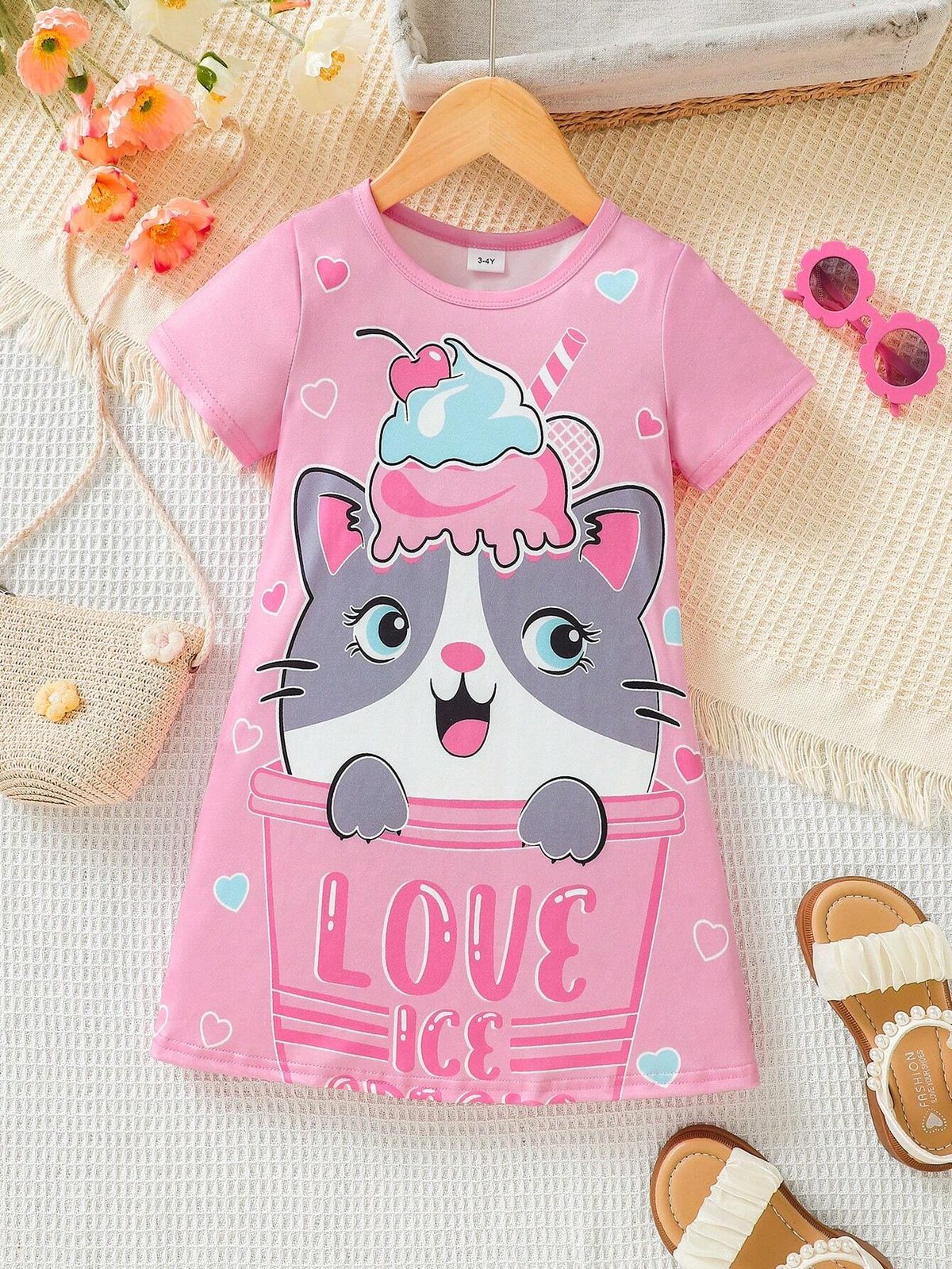 Young Girls" Summer Cat Printed Casual Short Sleeve Round Neck Dress