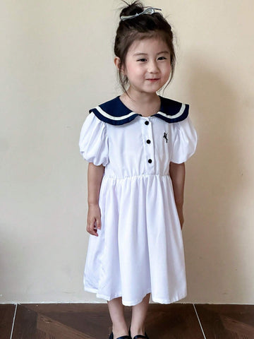 Young Girls' Summer College Style Colorblock Puff Sleeve Dress With Sailor Collar