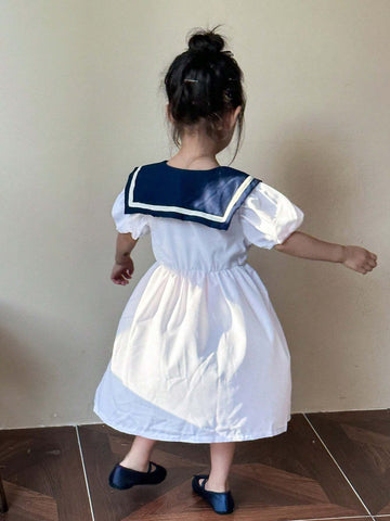 Young Girls' Summer College Style Colorblock Puff Sleeve Dress With Sailor Collar