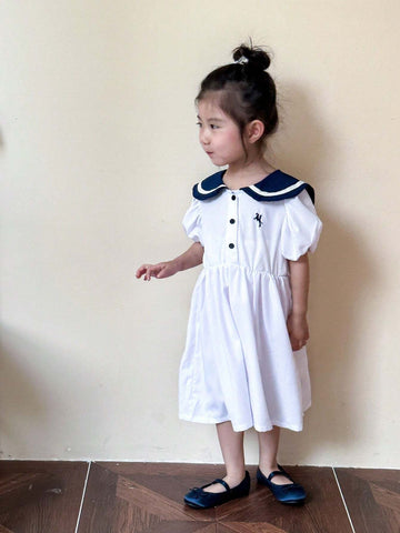 Young Girls' Summer College Style Colorblock Puff Sleeve Dress With Sailor Collar