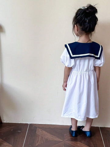 Young Girls' Summer College Style Colorblock Puff Sleeve Dress With Sailor Collar