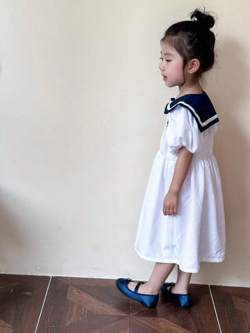 Young Girls' Summer College Style Colorblock Puff Sleeve Dress With Sailor Collar