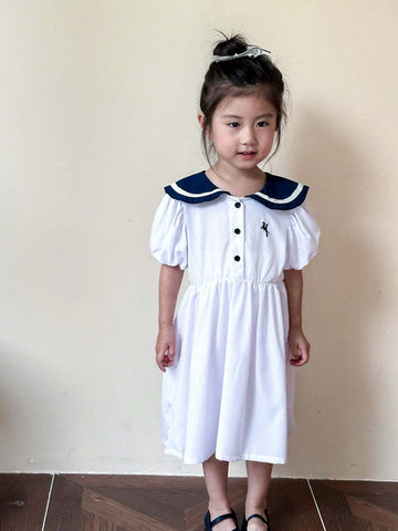 Young Girls' Summer College Style Colorblock Puff Sleeve Dress With Sailor Collar