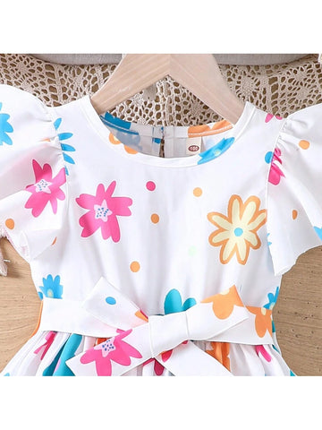 Young Girl's Summer Colorful Printed Short Sleeve Dress