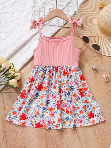 Young Girls' Summer Cute Flower Printed Bowknot Strap Dress