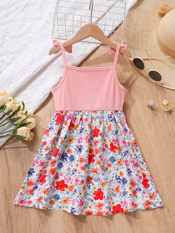 Young Girls' Summer Cute Flower Printed Bowknot Strap Dress