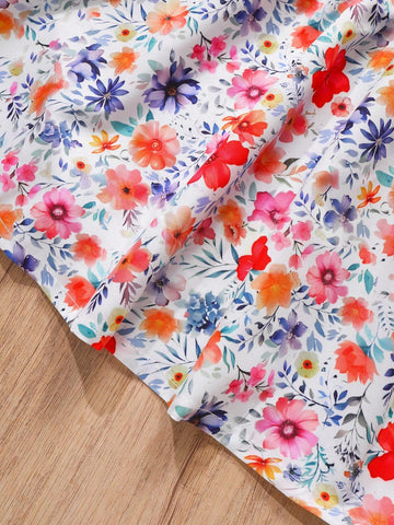 Young Girls' Summer Cute Flower Printed Bowknot Strap Dress
