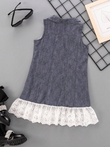 Young Girl's Summer Denim Print Splice Lace Sleeveless Dress With Front Button Closure