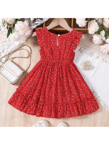 Young Girls' Summer Ditsy Floral Ruffle Hem Round Neck Cap Sleeve Casual Dress