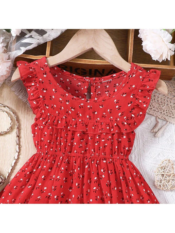 Young Girls' Summer Ditsy Floral Ruffle Hem Round Neck Cap Sleeve Casual Dress