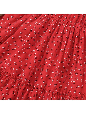 Young Girls' Summer Ditsy Floral Ruffle Hem Round Neck Cap Sleeve Casual Dress