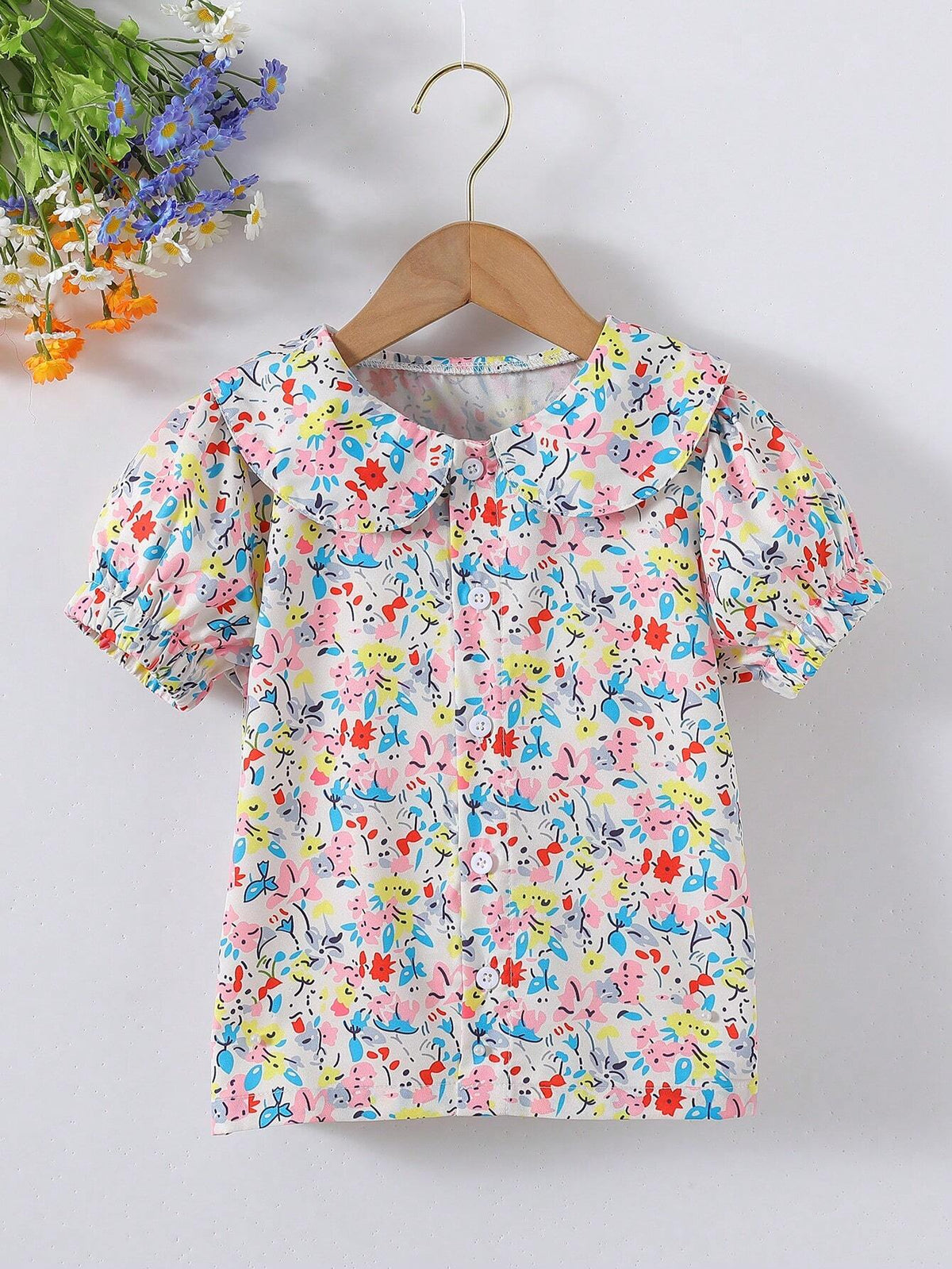 Young Girl's Summer Doll Collar Floral Print Short Puff Sleeve Blouse