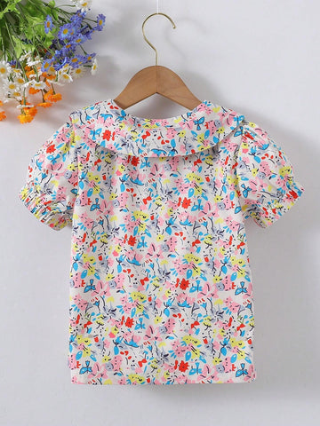 Young Girl's Summer Doll Collar Floral Print Short Puff Sleeve Blouse