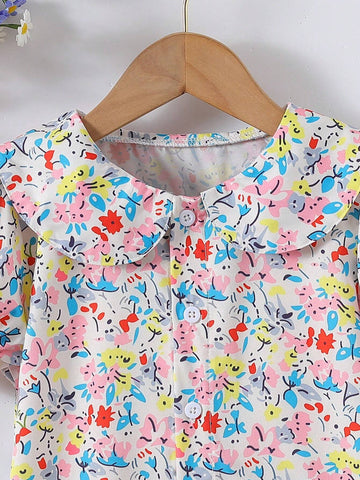 Young Girl's Summer Doll Collar Floral Print Short Puff Sleeve Blouse