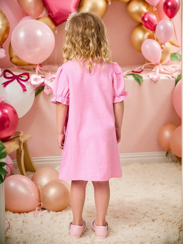 Young Girls Summer Dress, Fashionable Elegant Cute Pink Puff Sleeve Dress With Adorable Bow Front Design, Short Sleeve