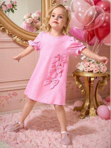 Young Girls Summer Dress, Fashionable Elegant Cute Pink Puff Sleeve Dress With Adorable Bow Front Design, Short Sleeve