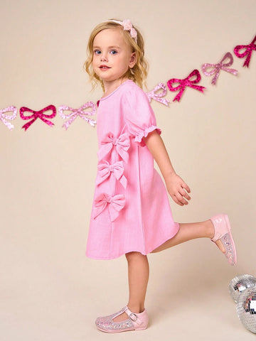 Young Girls Summer Dress, Fashionable Elegant Cute Pink Puff Sleeve Dress With Adorable Bow Front Design, Short Sleeve