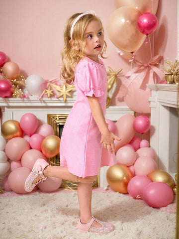 Young Girls Summer Dress, Fashionable Elegant Cute Pink Puff Sleeve Dress With Adorable Bow Front Design, Short Sleeve