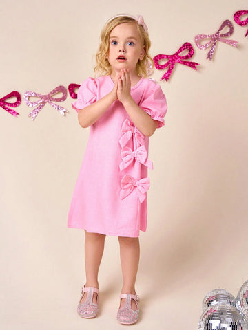 Young Girls Summer Dress, Fashionable Elegant Cute Pink Puff Sleeve Dress With Adorable Bow Front Design, Short Sleeve