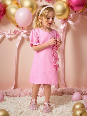 Young Girls Summer Dress, Fashionable Elegant Cute Pink Puff Sleeve Dress With Adorable Bow Front Design, Short Sleeve