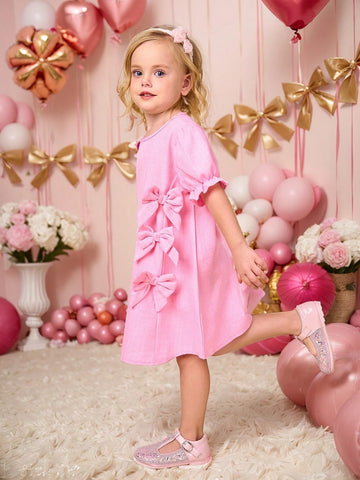 Young Girls Summer Dress, Fashionable Elegant Cute Pink Puff Sleeve Dress With Adorable Bow Front Design, Short Sleeve